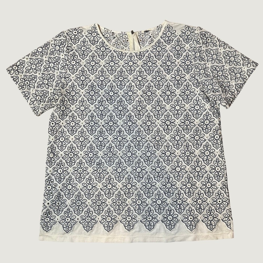 Eyelet Embroidered Short Sleeve Boxy Top White Navy Floral J.Crew 38" M